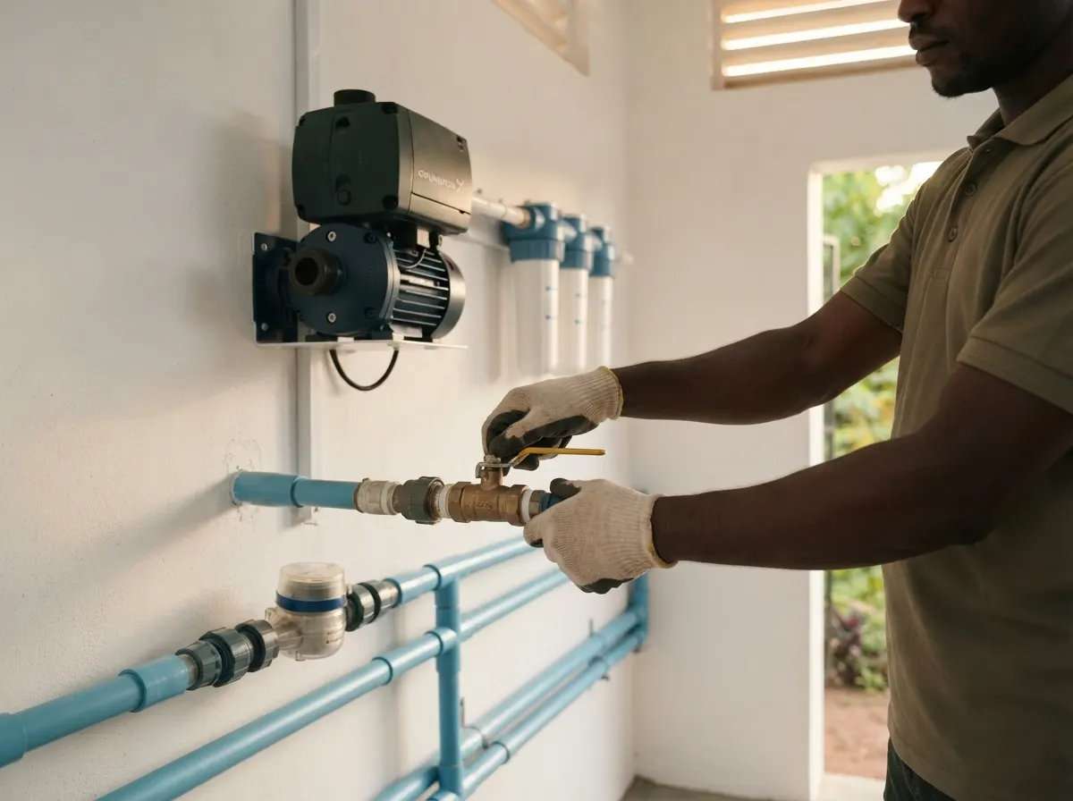 Réglage d'une vanne sur le réseau d'irrigation, dans le local technique équipé d'une pompe et de filtres