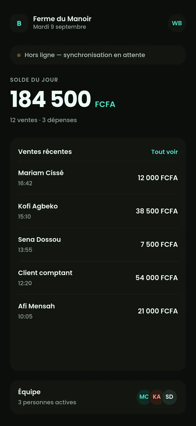 Écran d'accueil de Boulo : solde du jour de 184 500 FCFA, ventes récentes et bandeau de synchronisation hors ligne