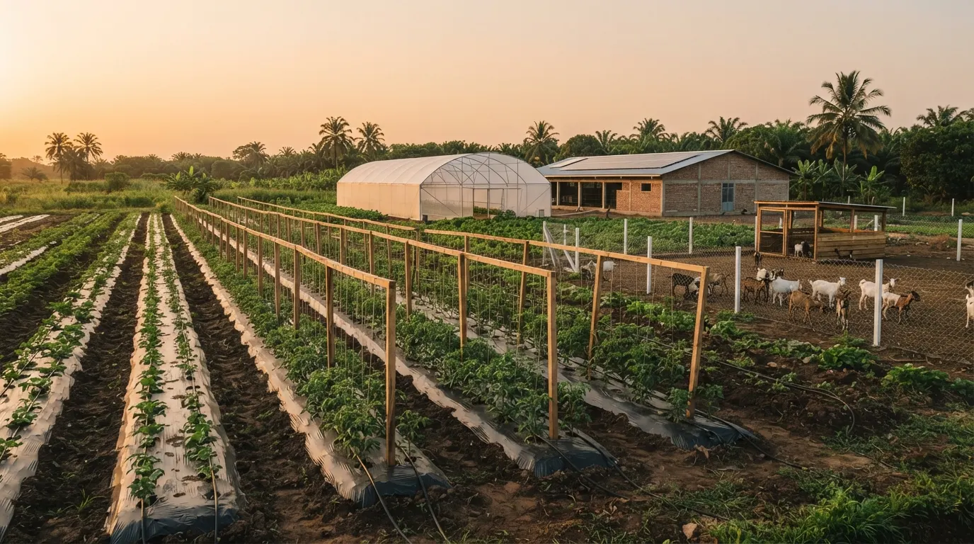 Rangées de cultures tuteurées sous paillage, une serre tunnel et un enclos de chèvres devant le bâtiment de la ferme, au coucher du soleil
