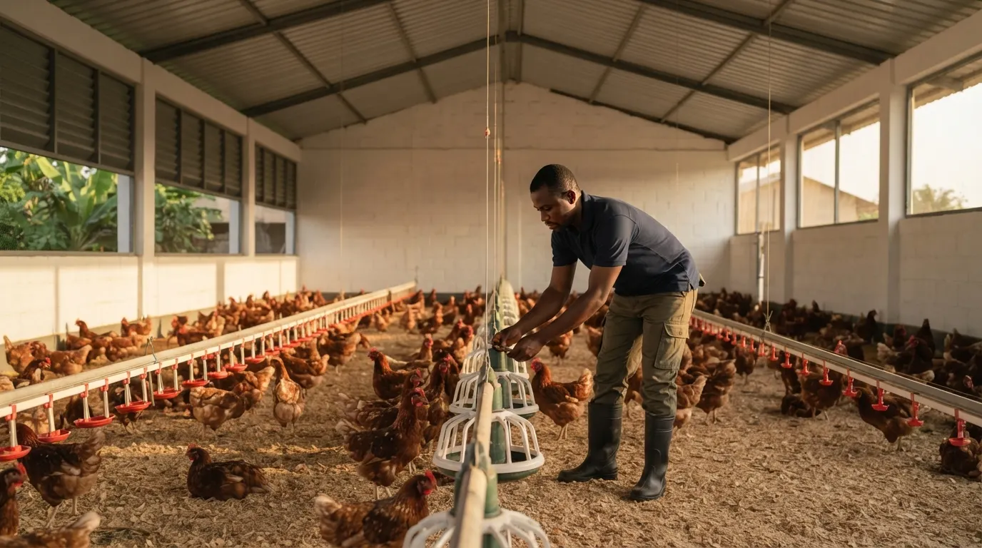 Un employé ajuste une mangeoire suspendue dans le poulailler, au milieu des poules élevées au sol