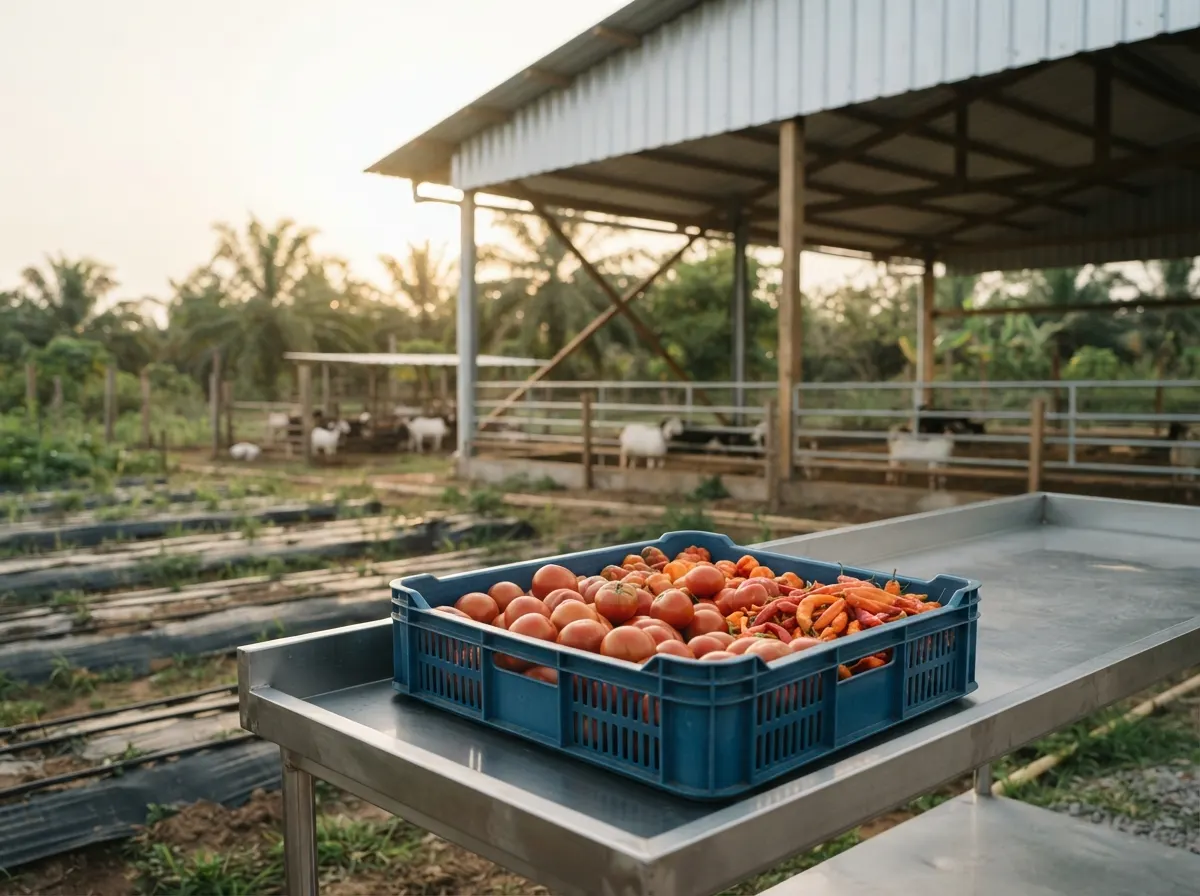 Une caisse de tomates fraîchement récoltées sur la table de tri, devant le hangar et l'enclos des chèvres