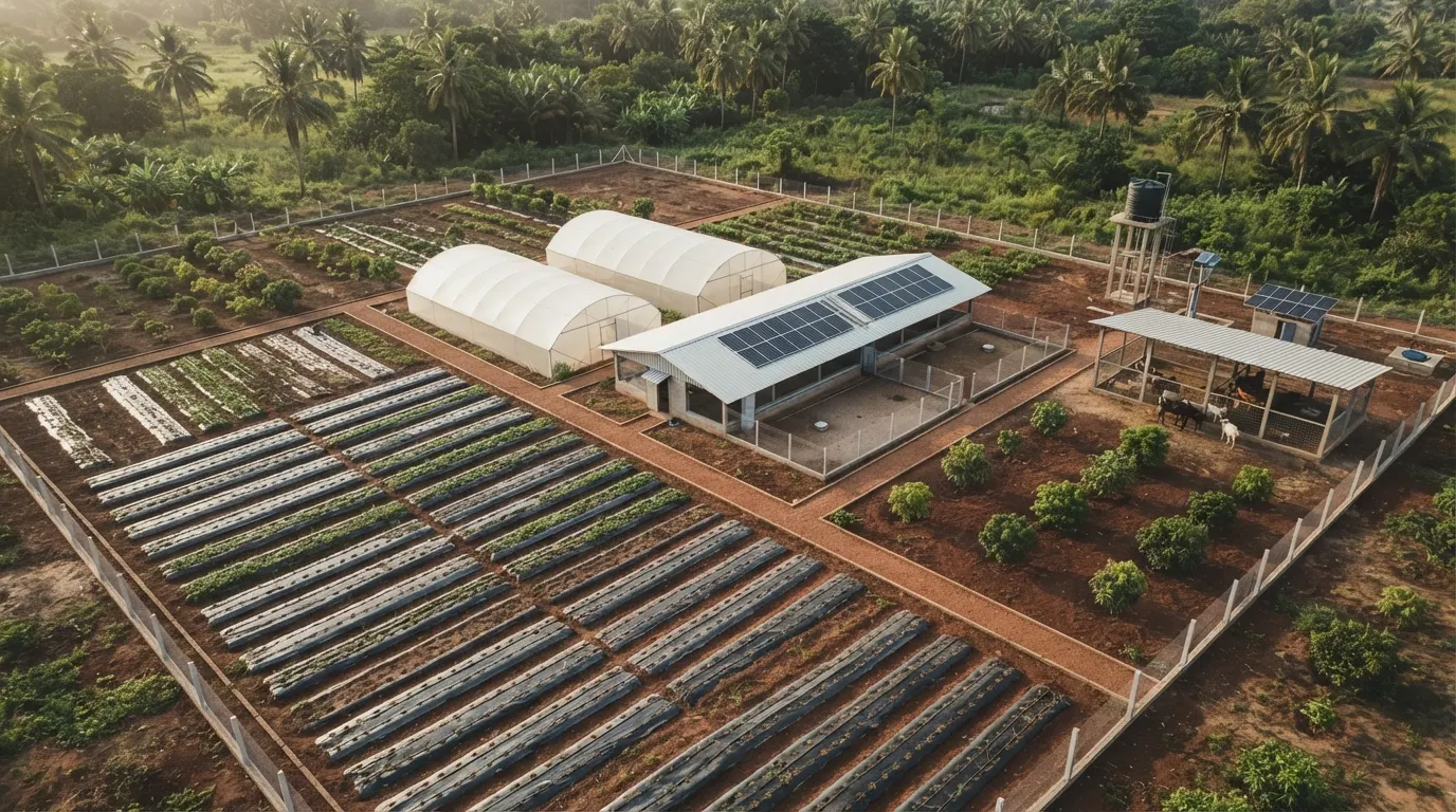Vue aérienne de l'exploitation : planches de maraîchage, deux serres tunnels, un hangar couvert de panneaux solaires et le château d'eau