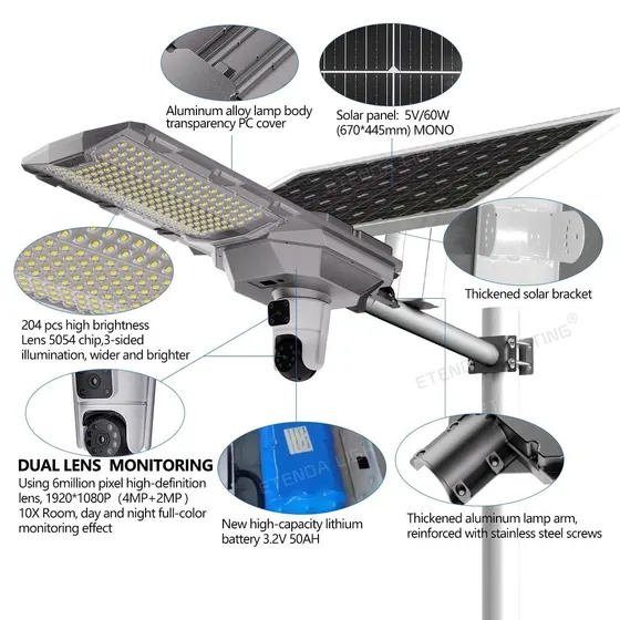 Lampadaire solaire 60 W à caméra